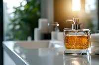 Luxury glass soap dispenser with golden liquid on white bathroom counter, soft natural lighting creates elegant ambiance and reflections on glossy surface.