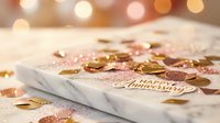 Marble surface with Happy Anniversary card surrounded by rose gold and gold glitter confetti, bokeh lights in warm background.