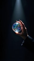 Hand holding glowing digital sphere with circuit board patterns and blue light effects against dark background, representing technology innovation and future business solutions.