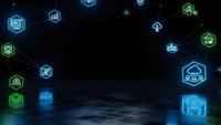 Futuristic digital technology background with glowing hexagonal icons floating in dark cyber space with reflective floor surface.