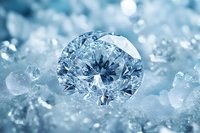 Brilliant round cut diamond on sparkling crystal background in cool blue tones. Luxury jewelry macro photography showcases precision facets and clarity.