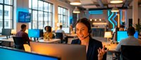 Professional businesswoman with headset working at laptop in modern open office environment with colleagues and large windows during daytime hours.