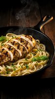 Grilled chicken breast sliced over creamy fettuccine pasta in cast iron skillet with fresh herbs and steam rising from hot meal on rustic wooden table.