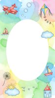 Watercolor frame with airplane, kite, boats and house elements around white oval space for text or photos. Childlike summer adventure theme border.