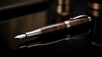 Luxury fountain pen with brown burl wood barrel and chrome accents resting on reflective black surface, suitable for business, writing, and premium product photography.