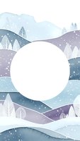 Watercolor winter landscape with snowy hills, trees and white circle frame for text or logo placement in pastel blue and purple tones.