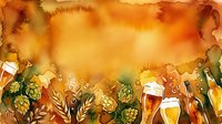 Watercolor beer and hops border with warm autumn colors, craft brewery background for Oktoberfest celebrations and brewing industry designs.