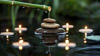 Zen stones balanced in water with bamboo dripping water drops, surrounded by floating candles creating peaceful reflections in dark pool. Spa wellness concept.