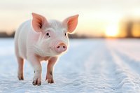 Adorable pink piglet standing in snow during golden sunset, curious expression on snout, white fur glowing in warm light, winter farm scene with blurred background.