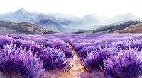 Vibrant purple lavender field with winding path leading to misty mountain range, creating serene countryside landscape for travel and nature designs.