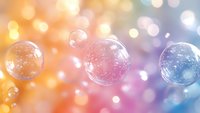 Translucent spheres with glitter and sparkles floating against a soft, blurred gradient background transitioning from warm orange and pink to cool blue tones, creating a festive, magical atmosphere suitable for celebrations, holidays, and design projects.
