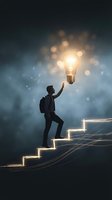 Businessman climbing glowing stairs reaching for bright lightbulb representing innovation, success, and breakthrough ideas in corporate achievement.