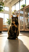 Tortoiseshell cat sitting in modern office space with large windows and natural sunlight streaming through glass doors creating warm atmosphere.