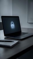 Laptop displaying glowing padlock icon on screen representing cybersecurity, data protection and digital privacy in modern office workspace.