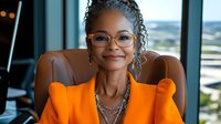 Confident mature African American businesswoman with gray braids and glasses wearing vibrant orange blazer, sitting in leather chair at modern office.