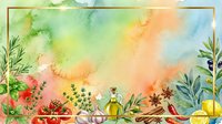 Watercolor cooking ingredients and herbs arranged with oil bottle, spices, and fresh produce on soft pastel background. Suitable for recipe blogs, culinary websites, food packaging, and kitchen decor projects.
