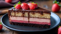 Layered chocolate mousse cake slice with strawberry filling and fresh berries on top, dark chocolate ganache glaze on rustic wooden background.