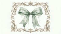 Watercolor green ribbon bow with ornate vintage frame border on white background, isolated clipart for greeting cards and holiday decorations.