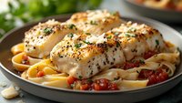 Seasoned cod fillets served on penne pasta with cherry tomatoes and creamy garlic sauce, garnished with fresh herbs and black pepper, close up view of gourmet dinner.