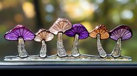 Whimsical glass mushrooms in purple and amber colors lined up on decorative base against blurred natural background, magical forest art decoration.