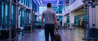 Athletic man walking through modern gym with sports bag, fitness center interior with exercise equipment and blue lighting atmosphere.