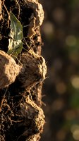 Fresh plant seedling emerging from rich dark soil with visible root system and green leaves in warm natural sunlight for gardening and agriculture concepts.