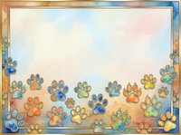Colorful paw prints in watercolor style border a blank center space with warm and cool tones, suitable for pet-related designs, greeting cards, and animal-themed backgrounds.