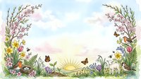 Spring meadow frame with blooming flowers, butterflies and sunrise creating peaceful natural border for seasonal designs and greeting cards.