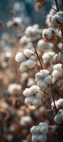 Ripe cotton bolls on plant branch with soft blurred background in warm autumn tones, macro photography showing natural fiber texture and agricultural detail.