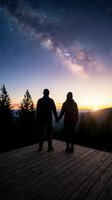 Couple holding hands on wooden deck at night gazing at starry sky and milky way galaxy above forest landscape during sunset. Romance and astronomy.