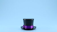 Black top hat with purple band isolated on light blue background, suitable for costume design, party invitations, theatrical productions, and festive event marketing materials.