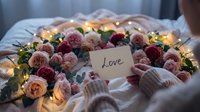 Romantic heart shape made of pink roses and fairy lights on bed, woman holding love note card, cozy Valentine's Day celebration.