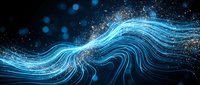 Glowing blue digital wave with flowing particles and light streaks on dark background, suitable for technology, data, and digital design projects.