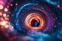 Glowing spiral tunnel with orange and blue bokeh lights creating magical portal effect, abstract background with sparkling particles and depth perspective.
