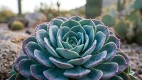 Blue-green succulent plant with purple edges in desert garden landscape. Echeveria rosette formation with thick fleshy leaves for drought-resistant landscaping.