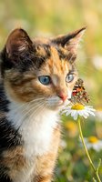 Calico cat with blue eyes observing butterfly on white daisy flower in garden, wildlife interaction and nature observation for pet and animal content.