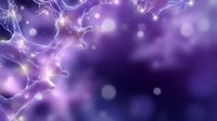 Glowing neural network on purple background with bokeh effect and light particles, abstract science and technology concept for presentations and designs.