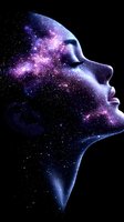 Female profile silhouette with cosmic galaxy texture overlay showing stars, nebula and space elements in purple and blue colors on black background.