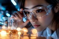 Young Asian female scientist in protective eyewear examining laboratory glassware with experimental liquid against blurred blue and orange bokeh background.