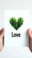 Hands holding white card with green leaf heart shape and love text for eco-friendly Valentine's Day, environmental awareness, sustainable lifestyle concepts.