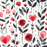 Romantic seamless pattern with watercolor red roses, heart shapes, and black leaves on white background. Perfect for Valentine's Day designs, wedding stationery, and love-themed projects.