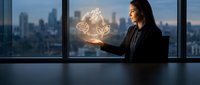 Young woman with long dark hair, professional appearance, wearing dark business suit, holding glowing digital brain icon with circuit patterns in palm against city skyline window view at dusk, representing artificial intelligence, innovation, and technology solutions for corporate business concepts.