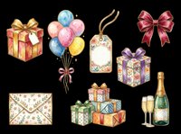 Festive gift boxes, balloons, bows, champagne bottle with glasses, gift tag, and envelope isolated on transparent background. Ready for t-shirt design, clipart, stickers, print-on-demand, and sublimation projects.