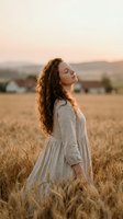 Young woman with curly hair enjoying peaceful moment in golden wheat field at sunset wearing flowing dress for wellness and mindfulness concepts.