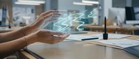 Hands holding glowing digital hologram with network icons above desk in modern office workspace for technology and innovation concepts.