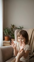 Young girl with brown hair sitting on beige sofa waving hands at camera in cozy living room with houseplants creating warm family atmosphere.