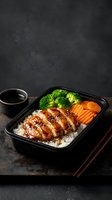 Healthy meal prep container with teriyaki chicken, steamed broccoli, carrots and rice. Nutritious lunch box ready for office or home dining.