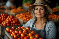 Mature female farmer in straw hat and apron displays fresh organic tomatoes at local market stand, representing sustainable agriculture and farm-to-table concept.