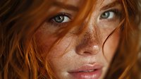 Close-up portrait of young Caucasian woman with freckles and striking green eyes. Natural beauty with flowing red hair and warm lighting for skincare campaigns.