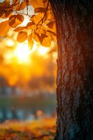 Golden autumn leaves on tree branch with sunlight shining through, creating warm bokeh background against textured tree trunk bark.